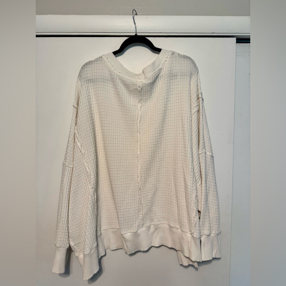 American Eagle Outfitters Women's Cream V-Neck Waffle Knit Sweater - Picture 2 of 5